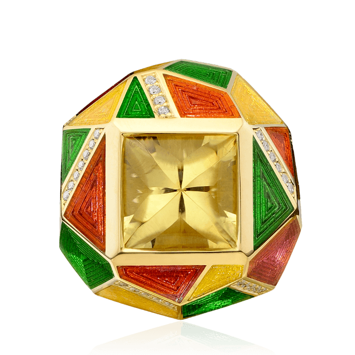 Кольцо с цитрином, эмалью, бриллиантами из желтого золота 750 пробы, фото № 2