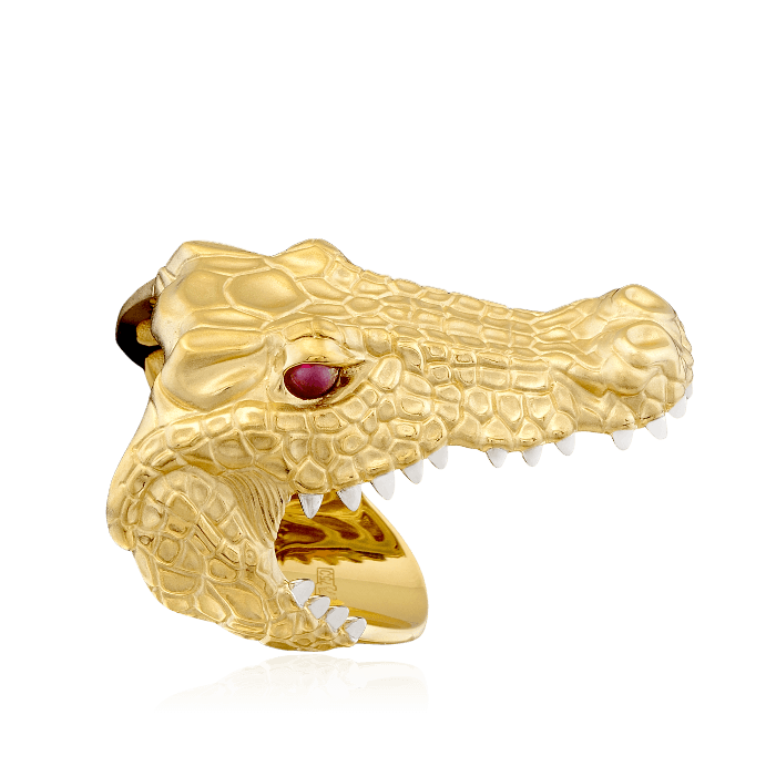 Мужское кольцо Крокодил с рубинами в желтом золоте 750 пробы, фото № 3