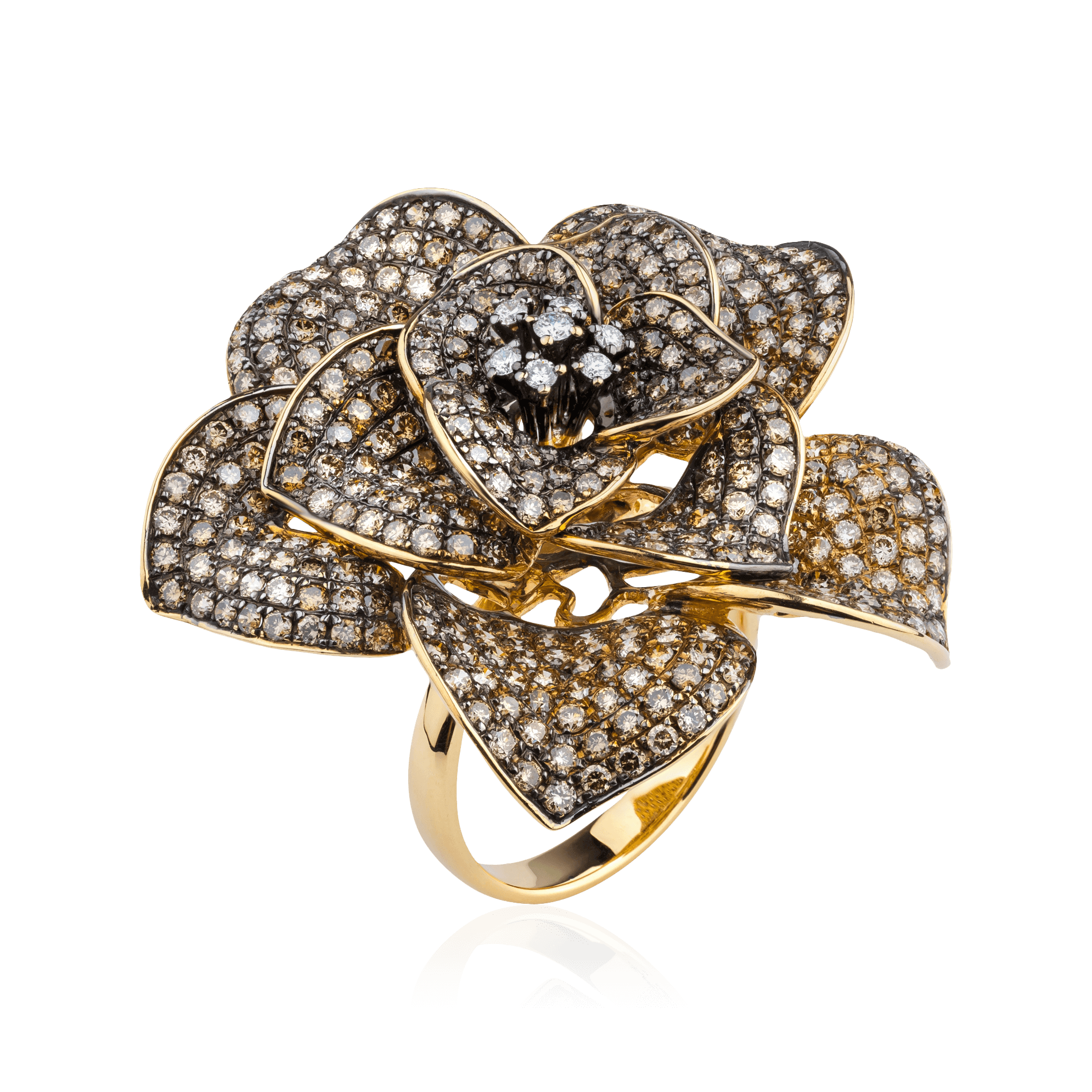 Кольцо в виде цветка, усыпанного коньячными бриллиантами, из желтого золота 750, фото № 1