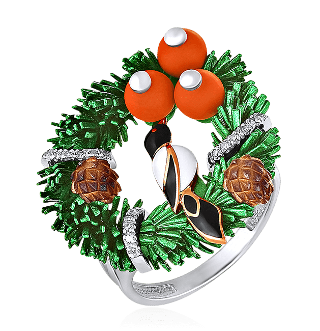 Кольцо в форме рождественского венка с сорокой, горячей эмалью, кораллом, керамикой и украшенное бриллиантами из белого золота 585 пробы, фото № 1