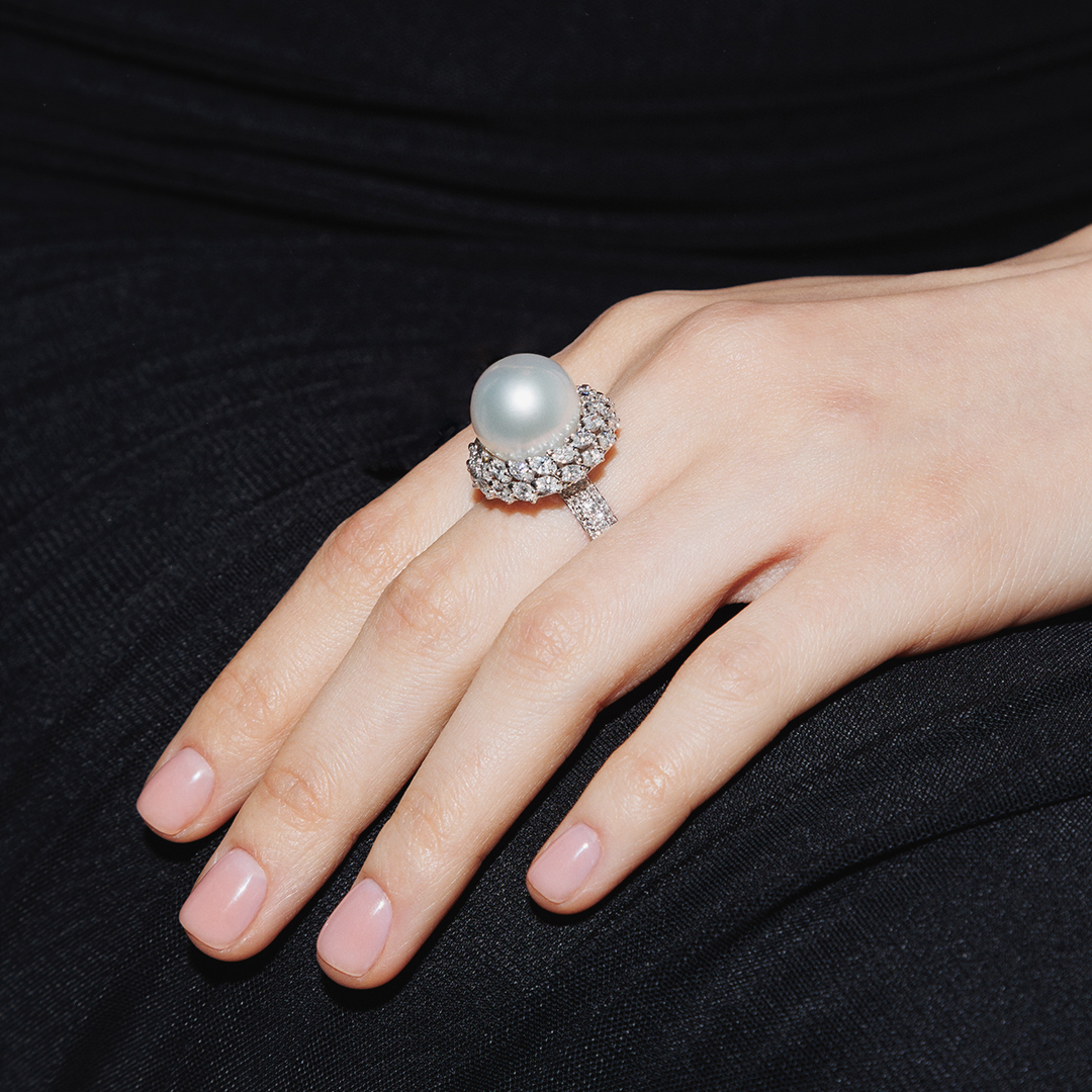 Кольцо с жемчугом, бриллиантами из белого золота 585 пробы, фото № 5