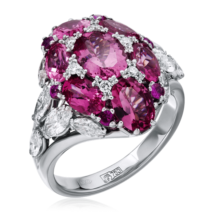 Кольцо с шпинелью, бриллиантами, розовыми сапфирами из белого золота 750 пробы, фото № 1