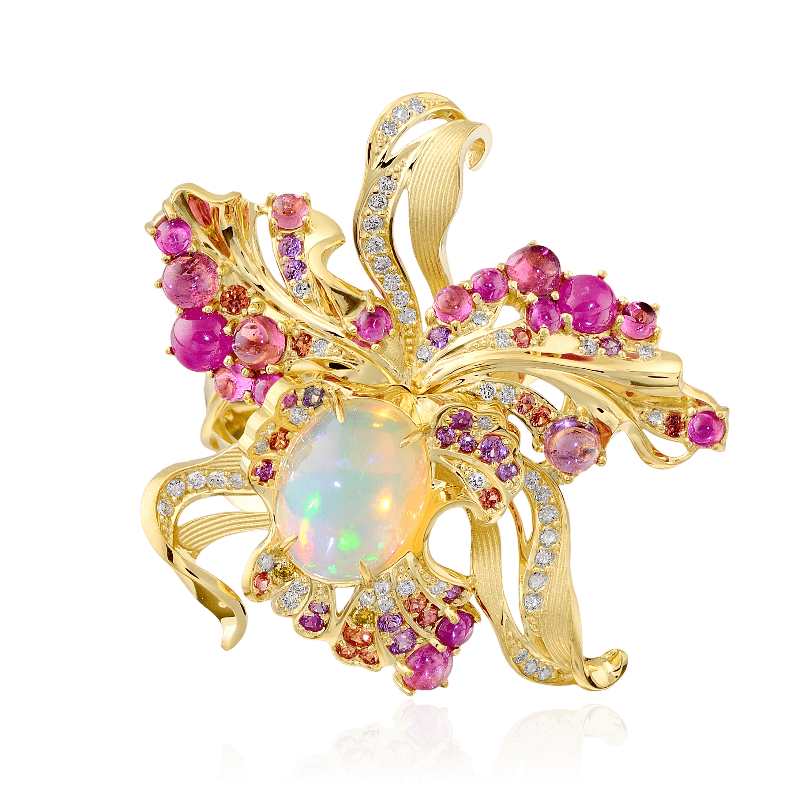 Кольцо Орхидея с опалом, бриллиантами, турмалином, демантоидом, тсаворитом, рубином, сапфиром фантазийным из желтого золота 750 пробы, фото № 1