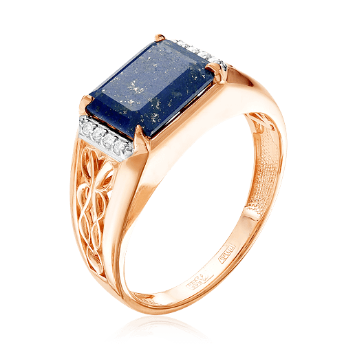Мужское кольцо с лазуритом, бриллиантами из комбинированного золота 585 пробы, фото № 1