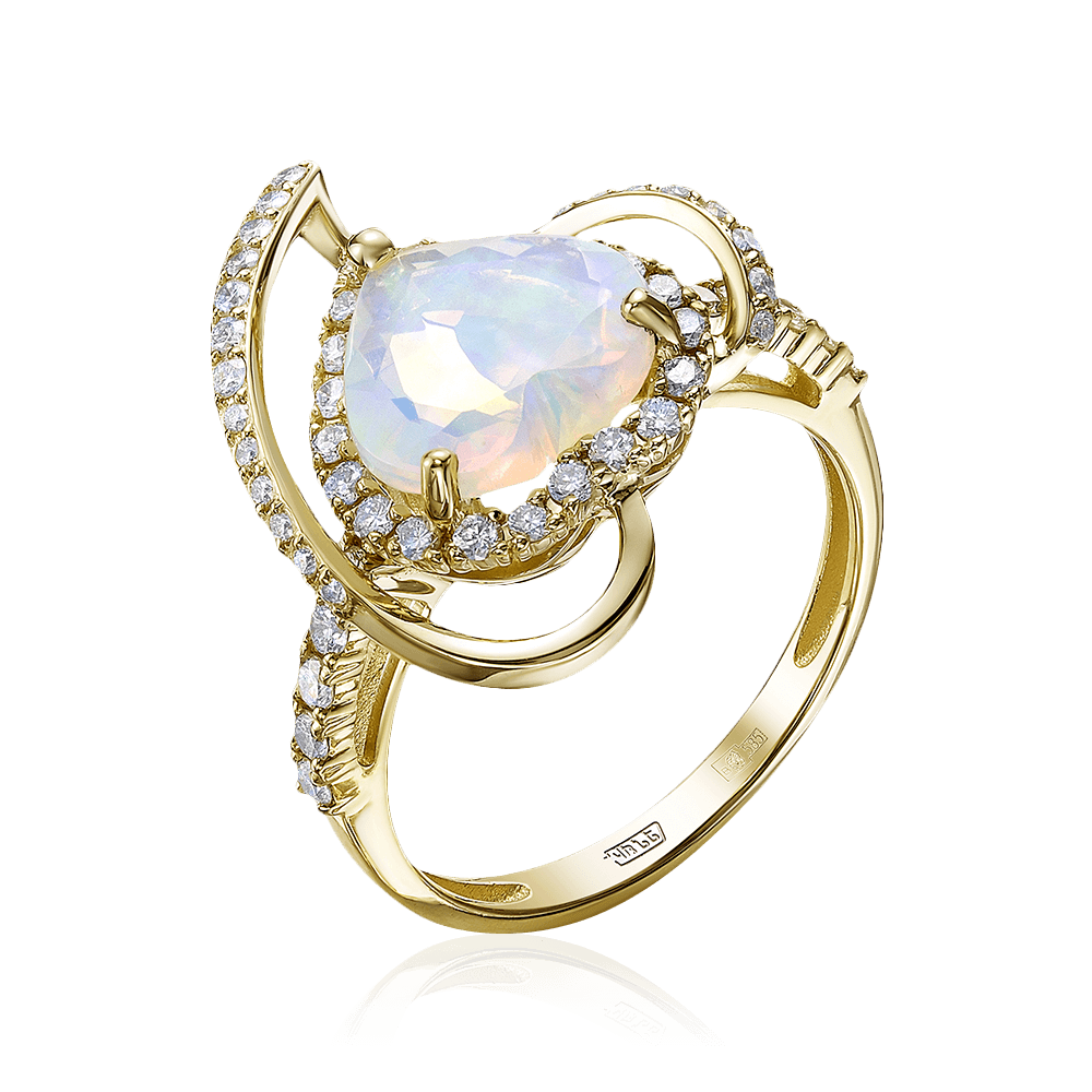 Кольцо в виде сердца с опалом, бриллиантами из желтого золота 585 пробы (арт. 92911)