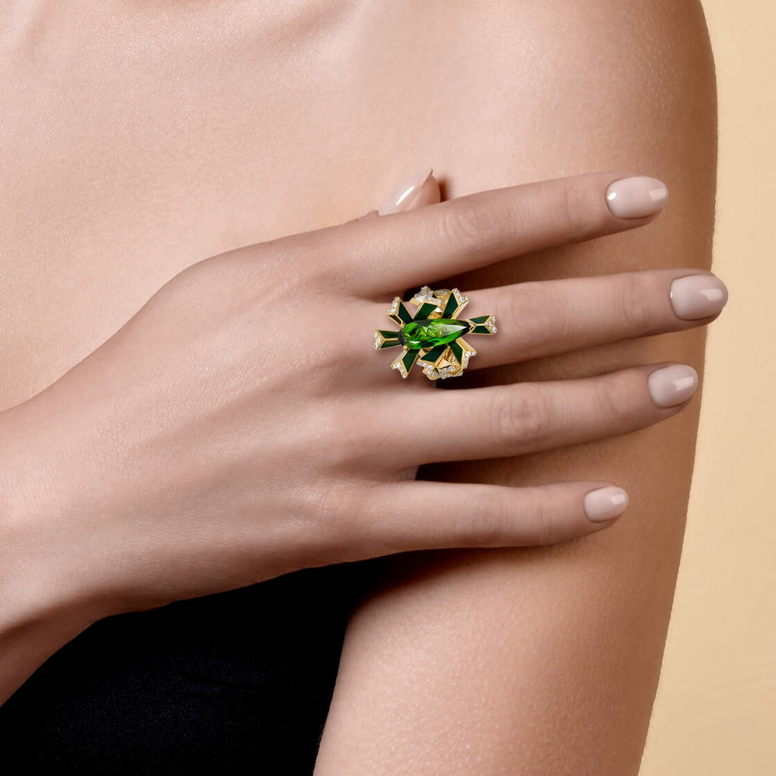 Кольцо с турмалином, бриллиантами, эмалью из желтого золота 750 пробы, фото № 3