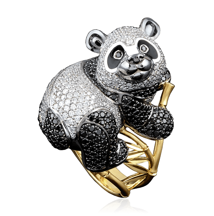 Кольцо Панда с белыми и черными бриллиантами, эмалью в комбинированном золоте 750, фото № 1