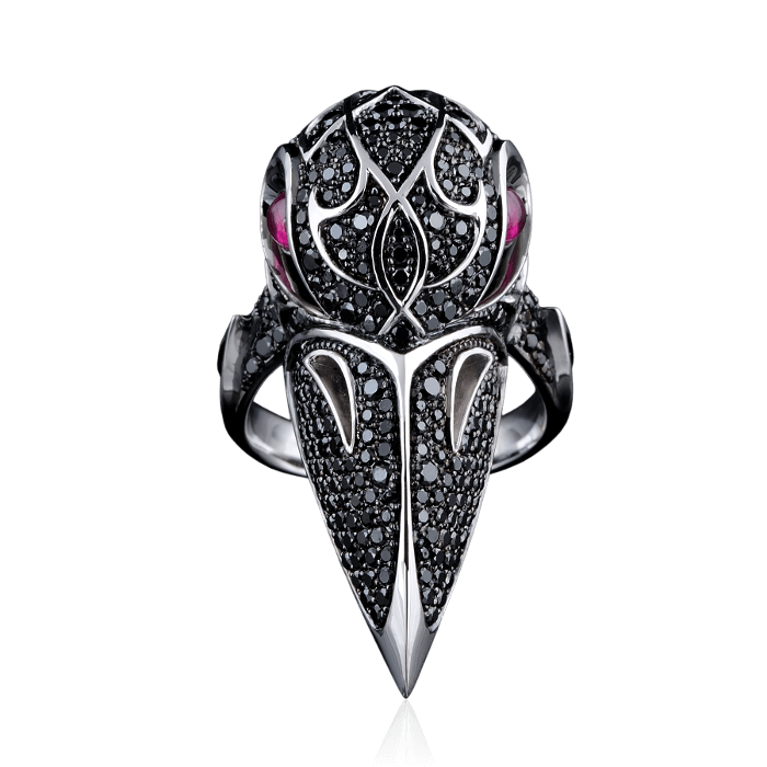 Кольцо Черный Ворон с черными бриллиантами и розовыми сапфирами в черненом золоте 750, фото № 3