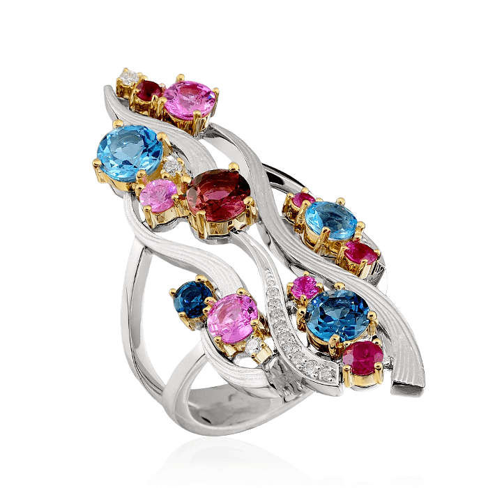 Кольцо с рубинами, цветными сапфирами, лондонскими топазами, турмалинами и бриллиантами в белом золоте 750 пробы, фото № 1