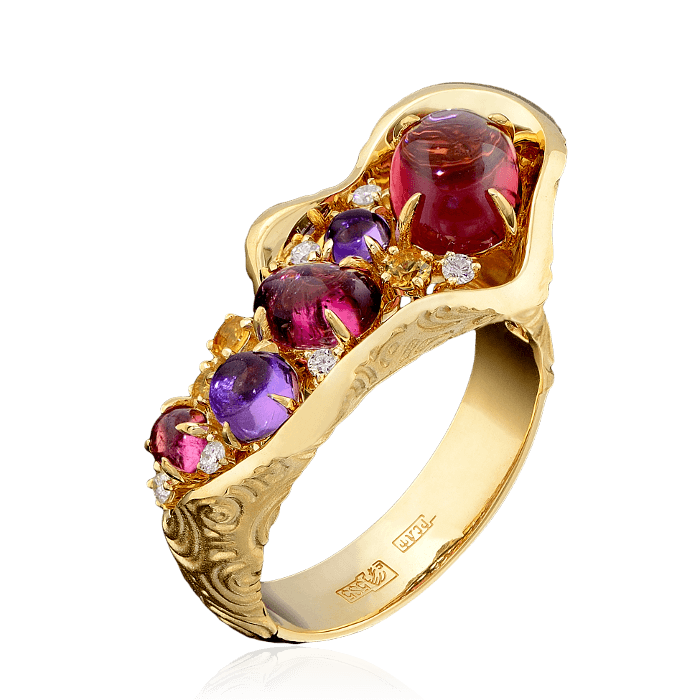Кольцо с аметистами, цветными сапфирами, турмалинами и бриллиантами в желтом золоте 585 пробы (арт. 36205)
