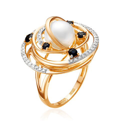 Кольцо с сапфиром, бриллиантами, жемчугом из красного золота 585 пробы, фото № 1