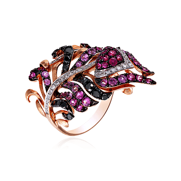 Кольцо с рубином, цветными сапфирами, бриллиантами из красного золота 585 пробы, фото № 1