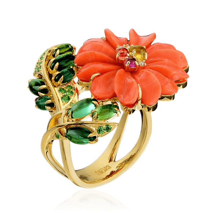 Кольцо Цветок с цветными камнями и бриллиантами в желтом золоте 750 пробы, фото № 1