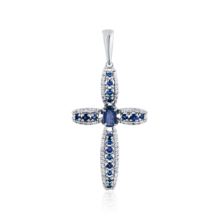 Крест с сапфиром, бриллиантами из белого золота 585 пробы, фото № 1