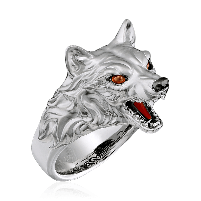 Мужское кольцо Волк с цветными сапфирами и эмалью в белом золоте 750 пробы, фото № 1