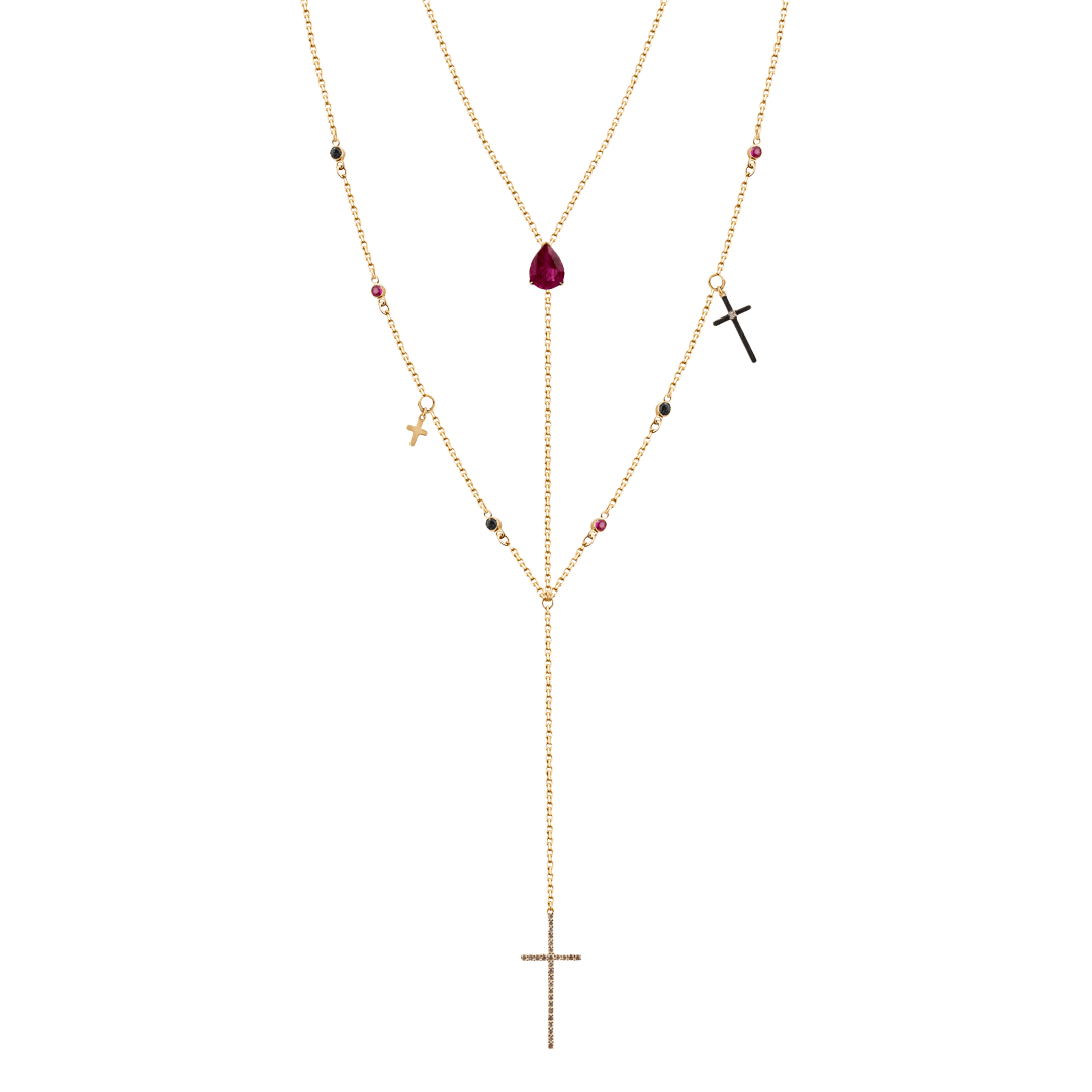 Крестик на цепочке с рубином, топазом, бриллиантами из желтого золота 585 пробы (арт. 93633)