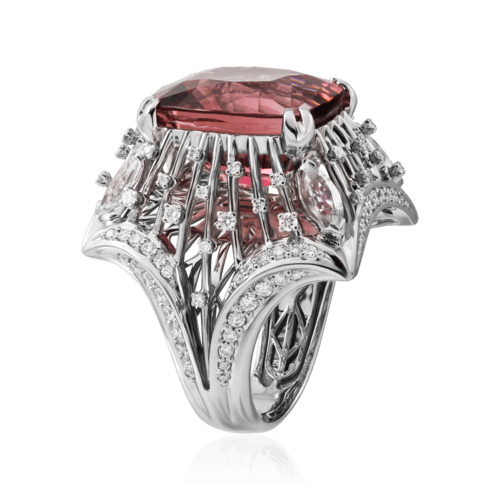 Кольцо с розовым турмалином, белыми сапфирами, бриллиантами из белого золота 585 пробы, фото № 3