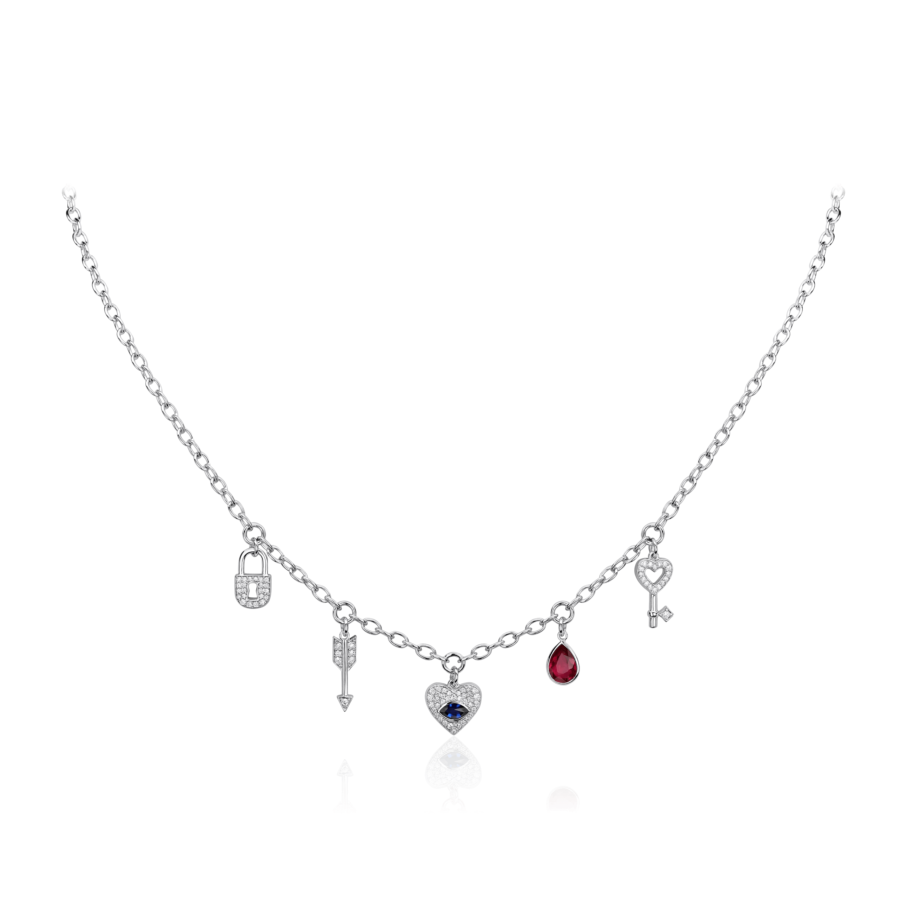 Колье сердце и ключики с рубином, сапфиром, бриллиантами из белого золота 750 пробы (арт. 98720)