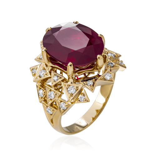 Кольцо с рубином, бриллиантами из желтого золота 750 пробы (арт. 70648)