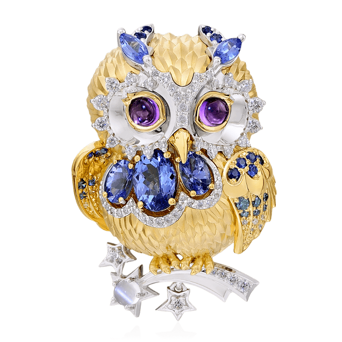 Кулон Сова с сапфиром, бриллиантами, аметистом, лунным камнем из комбинированного золота 750 пробы, фото № 1