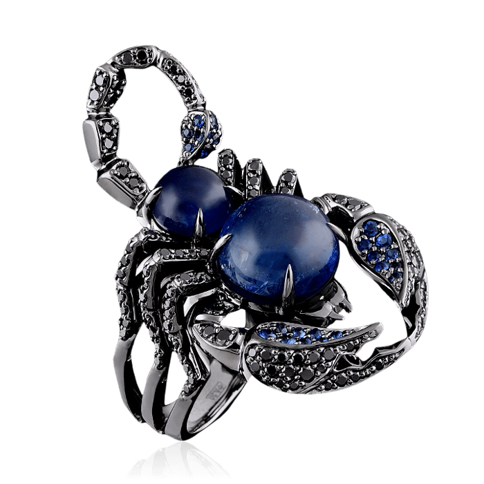 Кольцо Скорпион с сапфиром и черными бриллиантами в черненом золоте 750 пробы, фото № 1