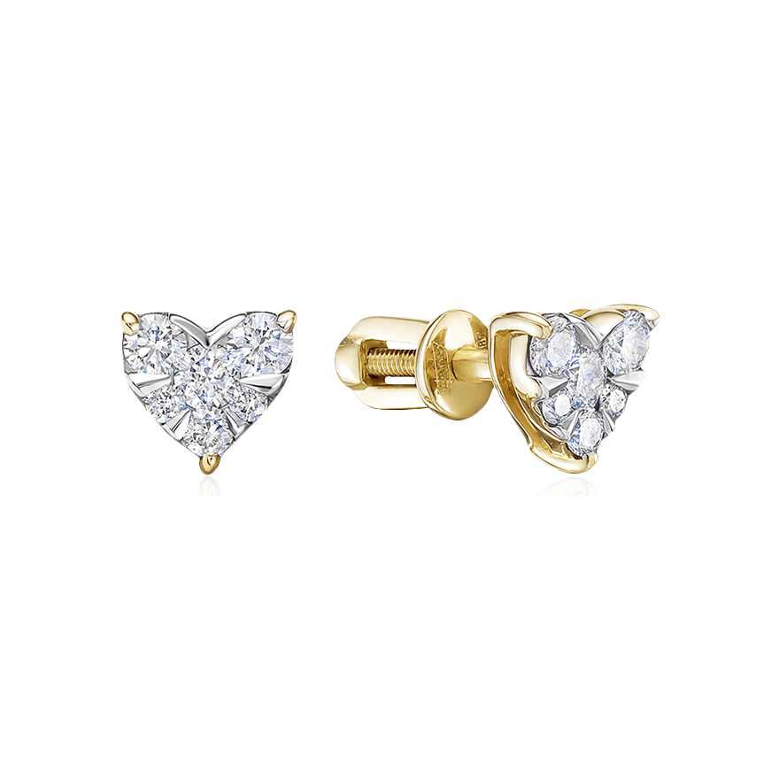 Серьги в форме сердец с бриллиантами из желтого золота 585 пробы (арт. 100925)