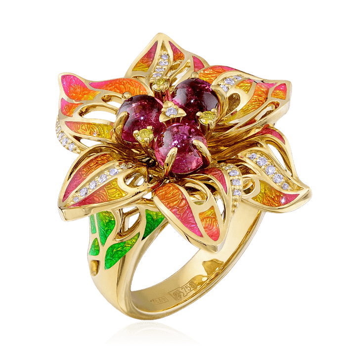 Кольцо цветок с турмалином, эмалью, бриллиантами из желтого золота 750 пробы (арт. 36219)