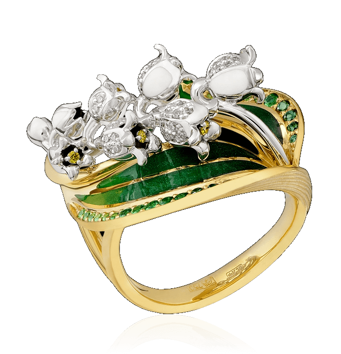 Кольцо Ландыш с цветными камнями и бриллиантами в комбинированном золоте 750, фото № 1