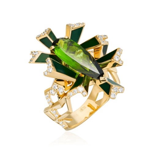 Кольцо с турмалином, бриллиантами, эмалью из желтого золота 750 пробы, фото № 1