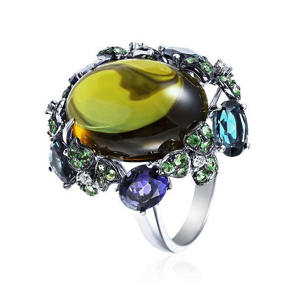 Кольцо с турмалином, иолитом, топазом, тсаворитом, бриллиантами из белого золота 585 пробы, фото № 1
