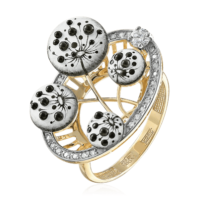 Кольцо Одуванчики с бриллиантами и техникой объемной эмали из желтого золота 585, фото № 1