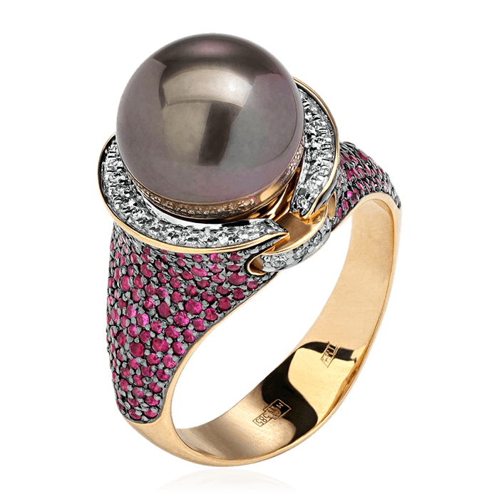 Кольцо с жемчугом, рубином, бриллиантами из желтого золота 585 пробы, фото № 1
