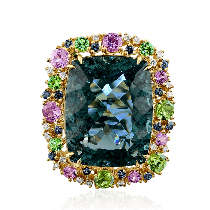 Коктейльное кольцо с празиолитом, хризолитом, сапфиром фантазийным, бриллиантами из желтого золота 585 пробы, фото № 2