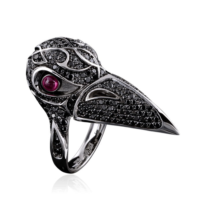 Кольцо Черный Ворон с черными бриллиантами и розовыми сапфирами в черненом золоте 750, фото № 1