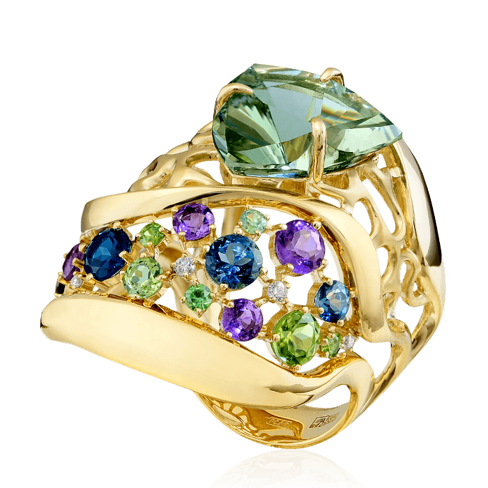Кольцо с празиолитом, бриллиантами, аметистом, хризолитом, демантоидом, топазом из желтого золота 585 пробы, фото № 2