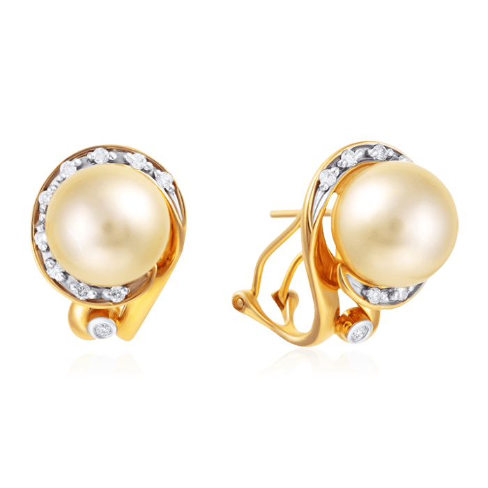 Серьги с жемчугом, бриллиантами из желтого золота 585 пробы, фото № 1