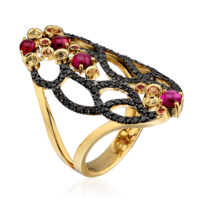 Кольцо с рубинами, бриллиантами и цветными сапфирами в желтом золоте 750 пробы, фото № 1