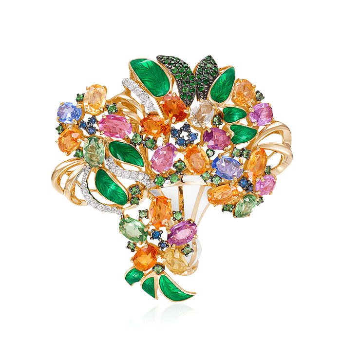 Брошь Цветущий сад с цветными сапфирами, бриллиантами, эмалью, тсаворитом из желтого золота 585 пробы (арт. 48543)