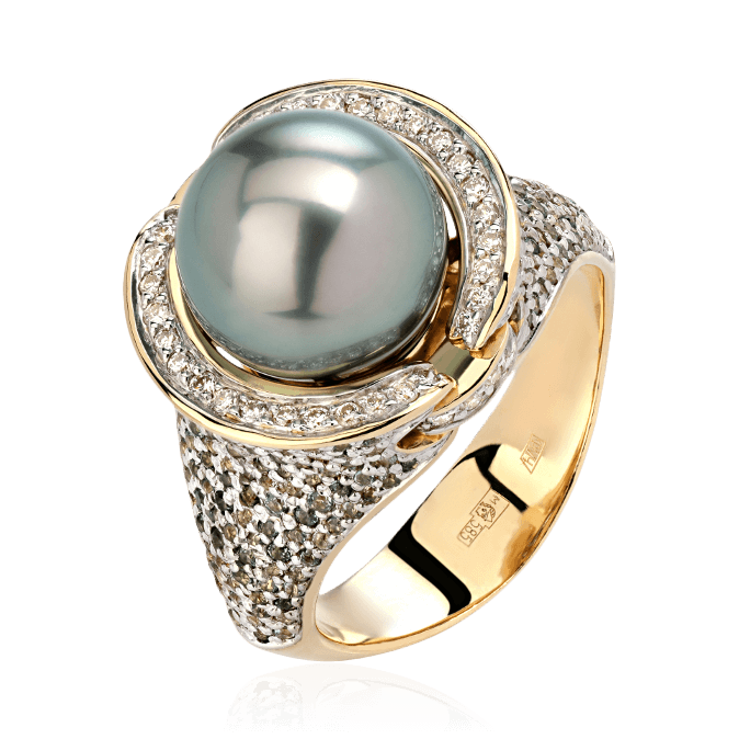 Кольцо с жемчугом, цветными сапфирами, бриллиантами из комбинированного золота 585 пробы (арт. 85039)
