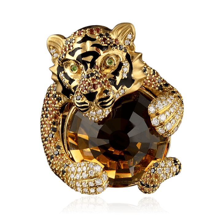 Кольцо Тигр с цветными камнями и бриллиантами в желтом золоте 750 пробы, фото № 1