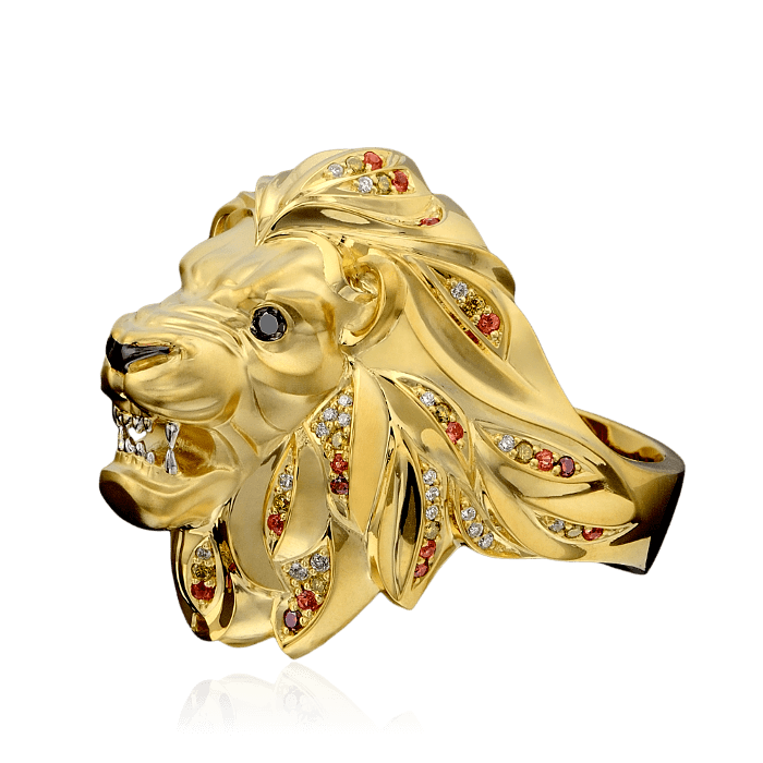 Мужское кольцо Лев с цветными сапфирами, бриллиантами в желтом золоте 750 пробы, фото № 1