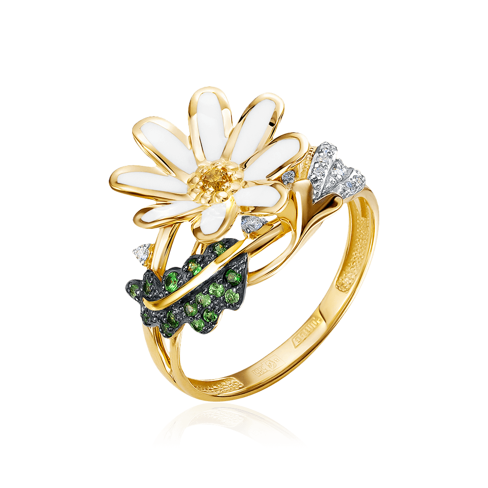 Кольцо Ромашка с сапфиром, бриллиантами, эмалью, тсаворитом из желтого золота 585 пробы (арт. 97155)