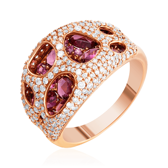Кольцо с родолитом, бриллиантами из красного золота 585 пробы, фото № 1