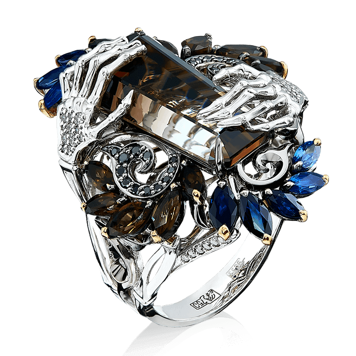 Кольцо с полихромным кварцем, раухтопазом, сапфиром, бриллиантами из белого золота 750 пробы, фото № 1