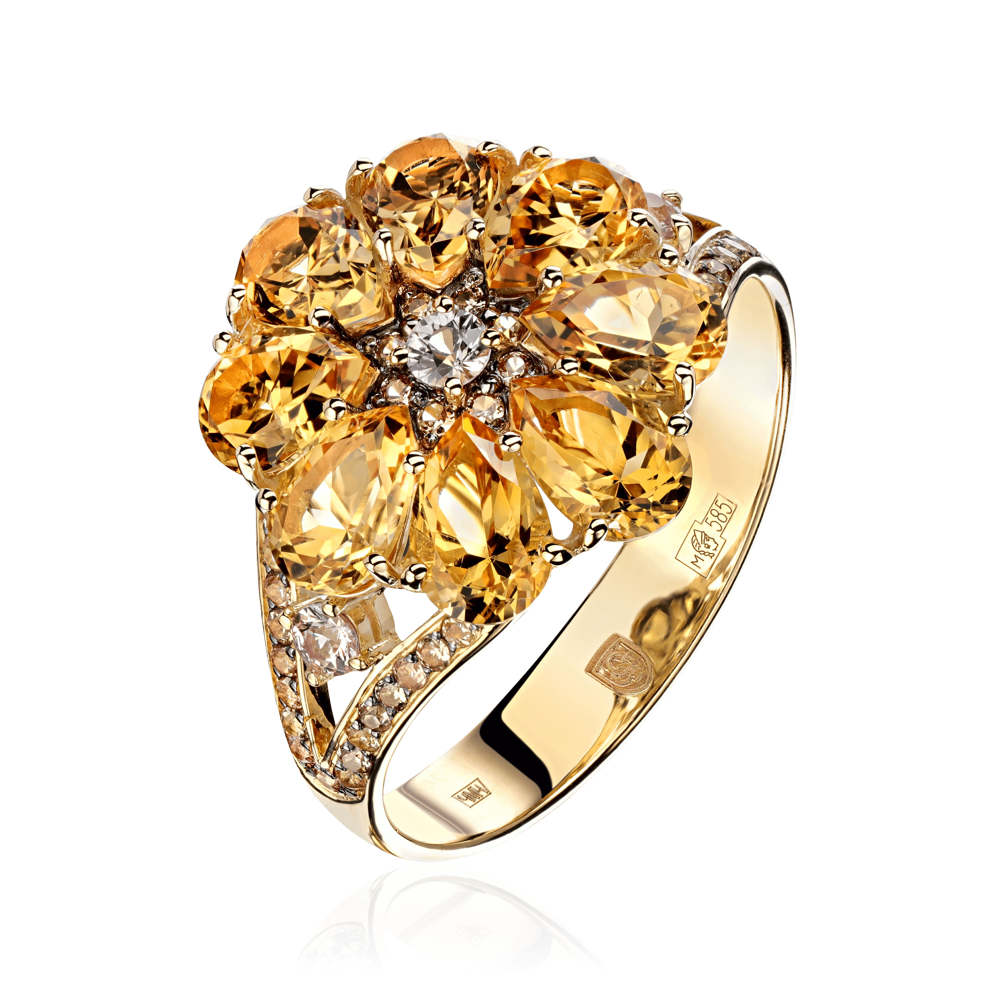 Кольцо в виде цветка с цитрином, цветными сапфирами из желтого золота 585 пробы, фото № 1