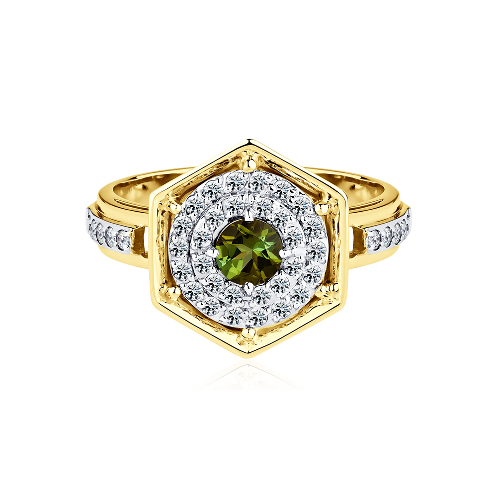 Кольцо с турмалином, бриллиантами из желтого золота 585 пробы, фото № 3