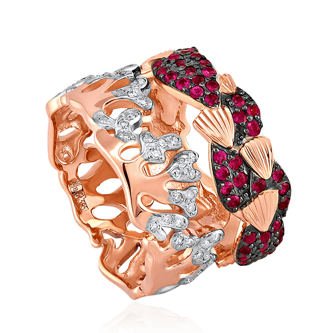 Сборное кольцо в виде юрких рыбешек, окруживших коралловый риф с рубином, бриллиантами из красного золота 585 пробы, фото № 1