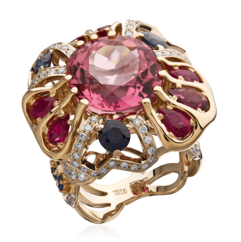Кольцо с турмалином, рубином, сапфиром, бриллиантами из желтого золота 750 пробы (арт. 70649)