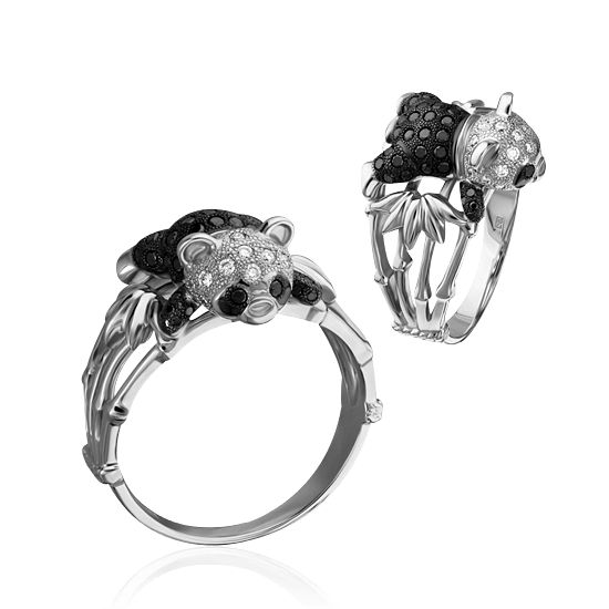 Кольцо панда с бриллиантами из белого золота 585 (арт. 35526)