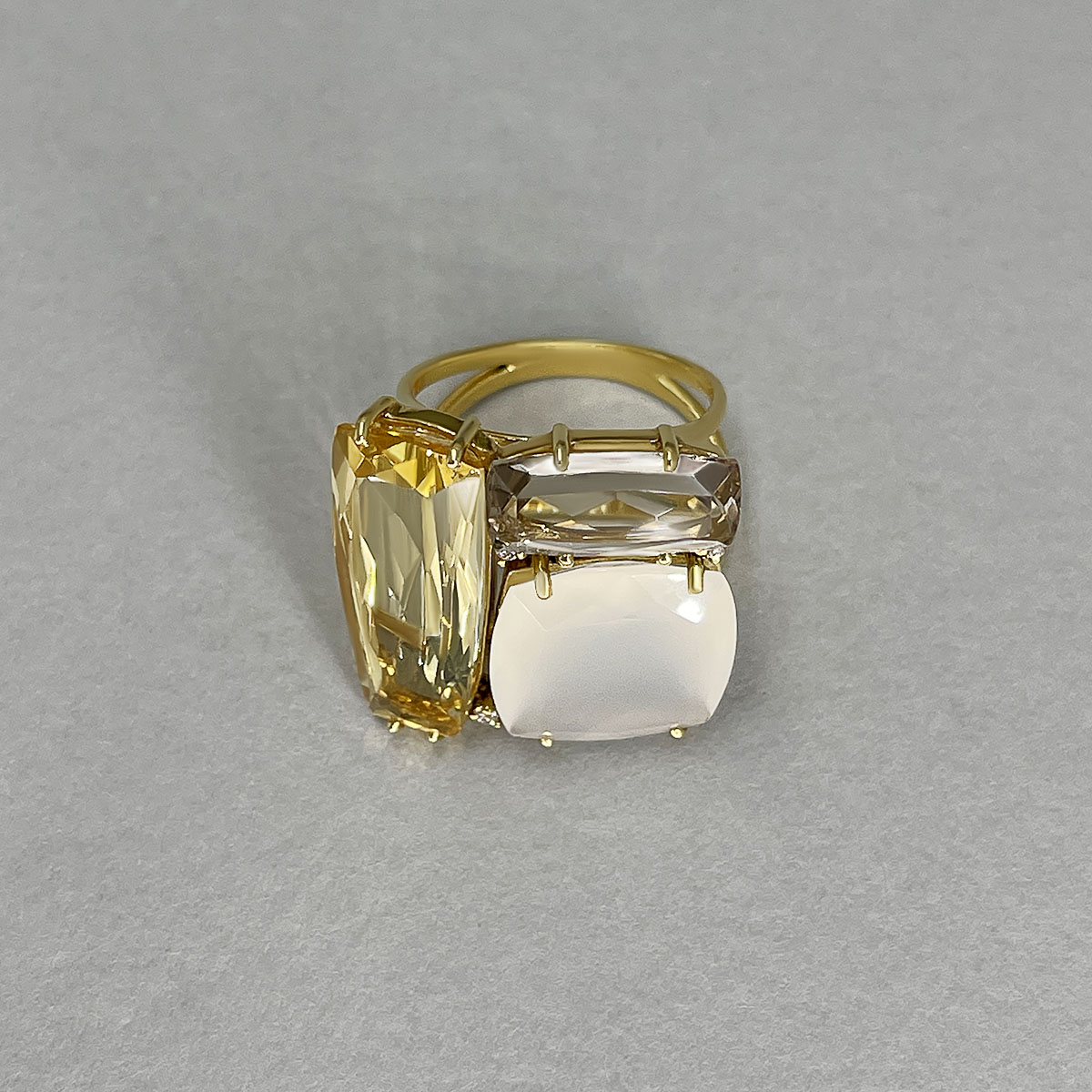Кольцо с агатом, цитрином, раухтопазом, бриллиантами из желтого золота 750 пробы, фото № 3